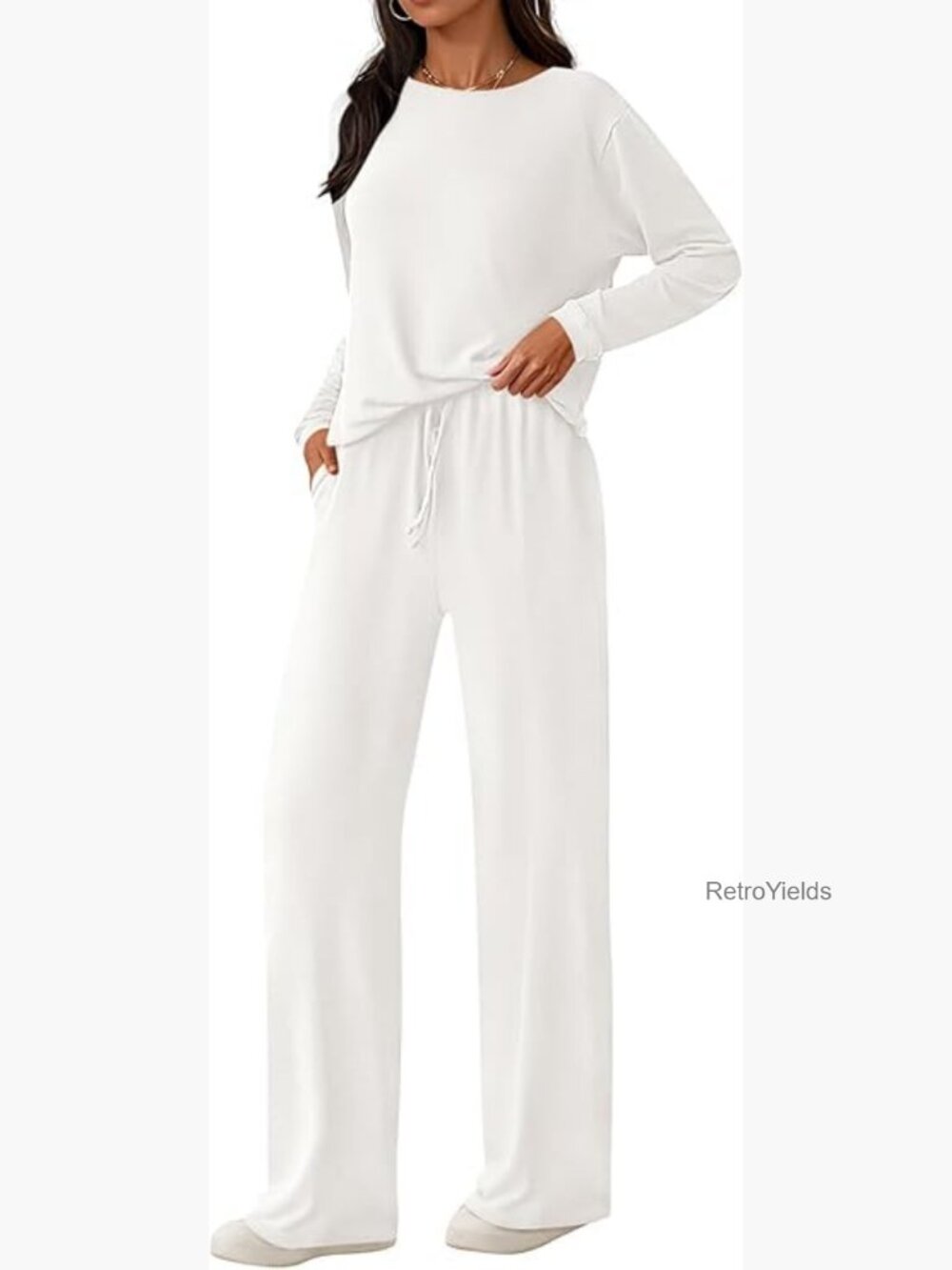 2 Piece Lounge Set Crewneck Long Sleeve Wide Leg Drawstring Pants Tracksuit
